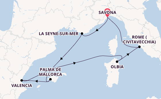 Western Mediterranean from Savona, Italy with the Costa Pacifica