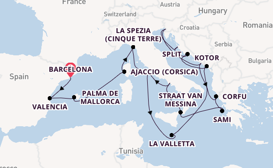 Middellandse Zee vanaf Barcelona, Spanje met de Queen Elizabeth