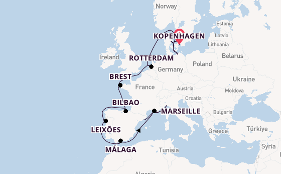 Westelijke Middellandse Zee vanaf Kopenhagen, Denemarken met de MSC Magnifica