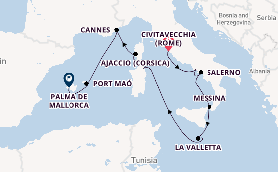 Westelijke Middellandse Zee vanaf Civitavecchia (Rome), Italië met AIDAstella