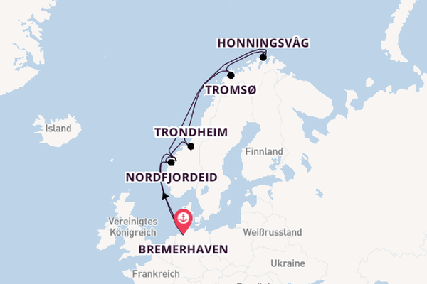 12 Nächte - Norwegens Fjordwelten mit Nordkap - ab/bis Bremerhaven