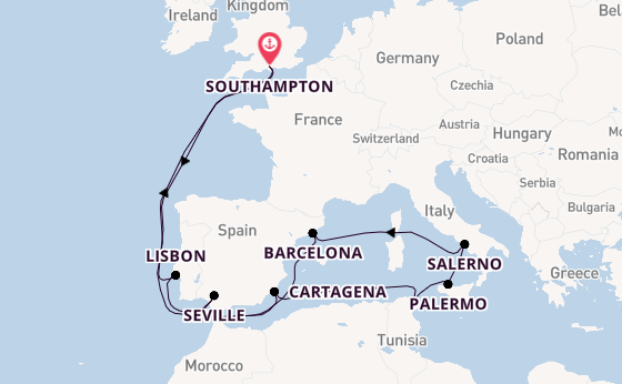Mediterranean Sea from Southampton, England with the Queen Victoria