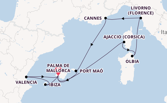 Westelijke Middellandse Zee vanaf Palma de Mallorca, Mallorca, Spanje met AIDAstella