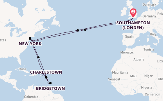 trans-Atlantisch vanaf Southampton (Londen), Engeland met de Queen Mary 2