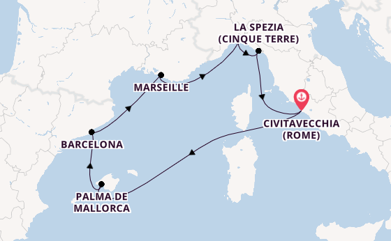 Westelijke Middellandse Zee vanaf Civitavecchia (Rome), Italië met de MSC World Europa