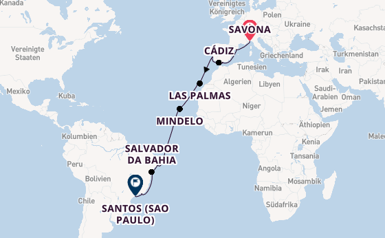 Transatlantik ab Savona, Italien auf der Costa Diadema