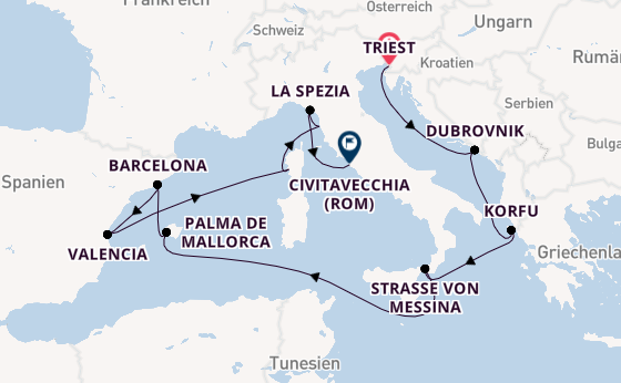 Westliches Mittelmeer ab Triest, Italien auf der Queen Elizabeth