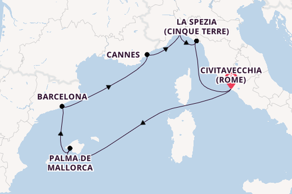 Westelijke Middellandse Zee vanaf Civitavecchia (Rome), Italië met de MSC Grandiosa