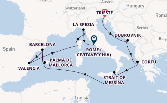 Western Mediterranean from Trieste, Italy with the Queen Elizabeth