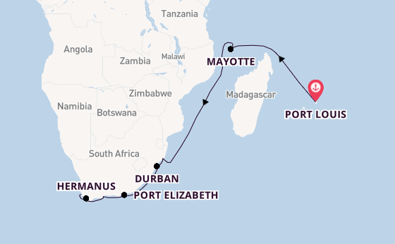Zuid-Afrika vanaf Port Louis, Mauritius met de HANSEATIC spirit