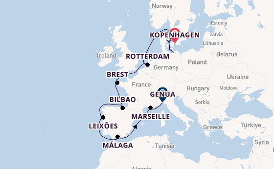 Westelijke Middellandse Zee vanaf Kopenhagen, Denemarken met de MSC Magnifica