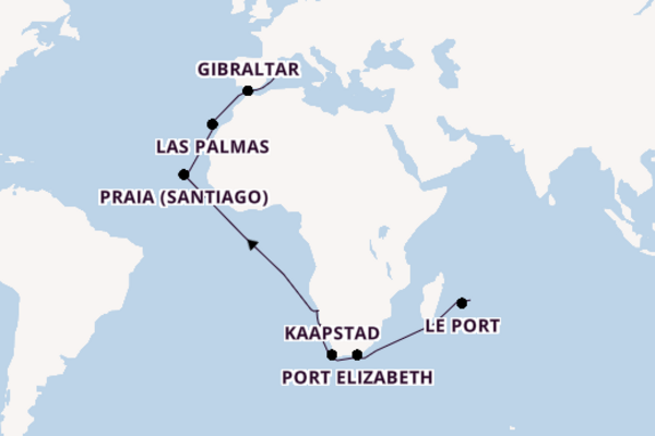 Zuidelijk Afrika vanaf Port Louis met AIDAstella