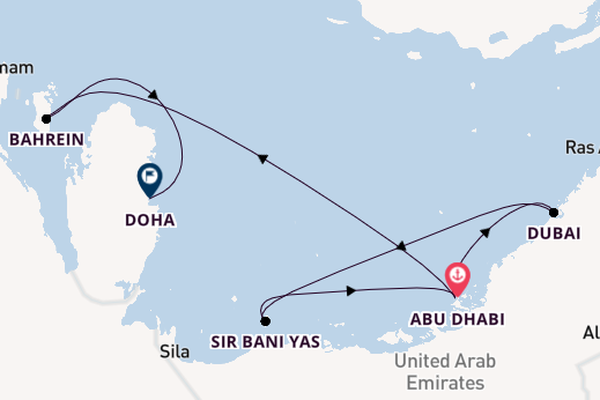 Perzische Golf vanaf Abu Dhabi, Verenigde Arabische Emiraten met de Celestyal Journey