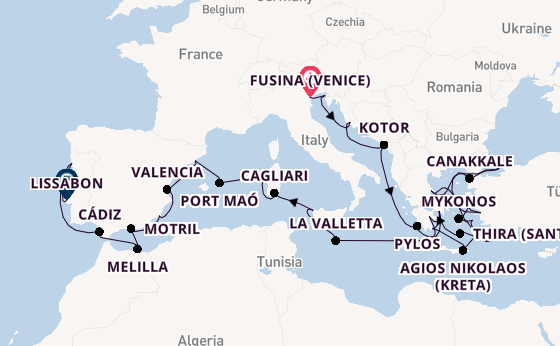 Middellandse Zee vanaf Fusina (Venice) met de Seabourn Ovation