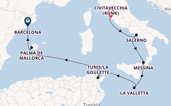 Westelijke Middellandse Zee vanaf Civitavecchia (Rome), Italië met de Explora V