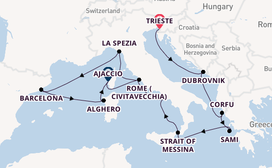 Western Mediterranean from Trieste, Italy with the Queen Elizabeth