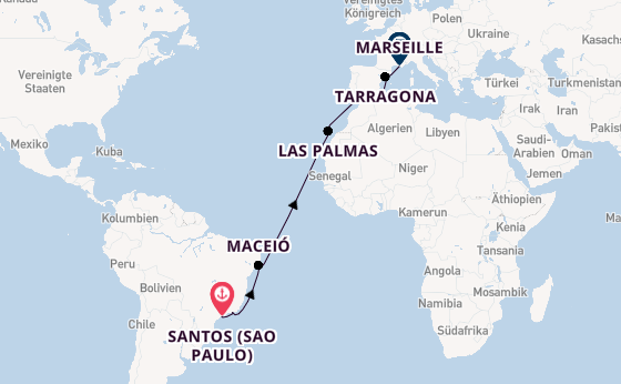 Transatlantik ab Santos (Sao Paulo), Brasilien auf der MSC Musica
