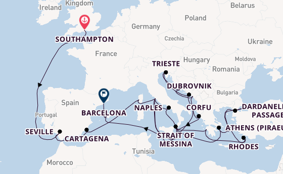Mediterranean Sea from Southampton, England with the Queen Elizabeth