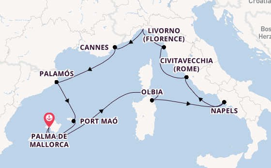 Westelijke Middellandse Zee vanaf Palma de Mallorca, Mallorca, Spanje met AIDAstella