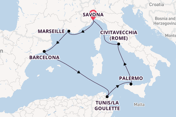 Westelijke Middellandse Zee vanaf Savona, Italië met de Costa Pacifica
