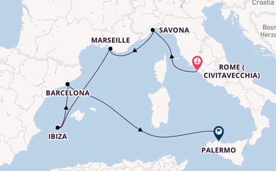 Western Mediterranean from Rome (Civitavecchia), Italy with the Costa Smeralda