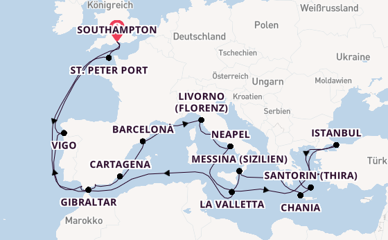 Mittelmeer ab Southampton, Großbritannien auf der Sky Princess