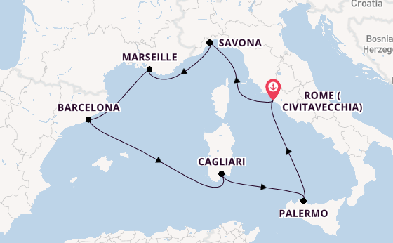 Western Mediterranean from Rome (Civitavecchia), Italy with the Costa Pacifica