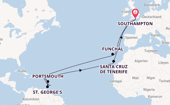 Karibik ab Southampton, Großbritannien auf der Queen Mary 2