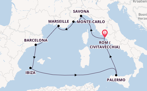 Westliches Mittelmeer ab Civitavecchia (Rom), Italien auf der Costa Toscana
