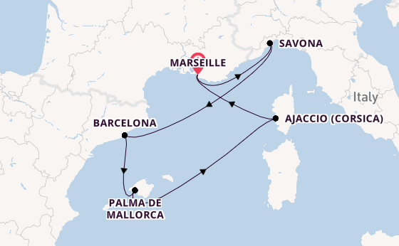 Westelijke Middellandse Zee vanaf Marseille, Frankrijk met de Costa Favolosa