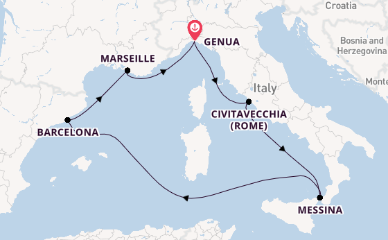 Westelijke Middellandse Zee vanaf Genua, Italië met de MSC World Europa