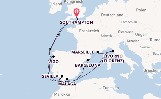 Westliches Mittelmeer ab Southampton, Großbritannien auf der Queen Mary 2