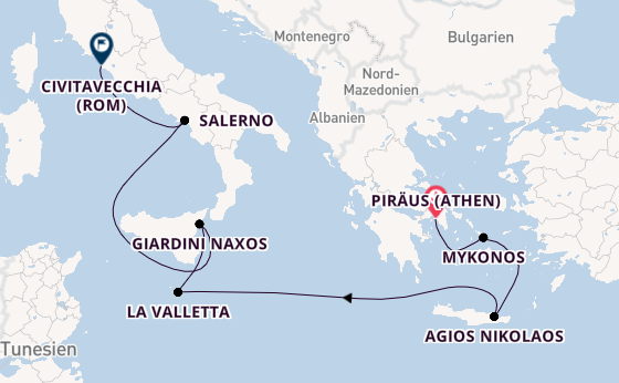 Mittelmeer ab Piräus (Athen), Griechenland auf der Silver Dawn