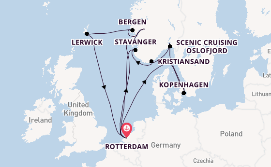 Noorwegen vanaf Rotterdam, Nederland met de Rotterdam