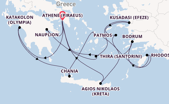 Oostelijke Middellandse Zee vanaf Athene (Piraeus), Griekenland met de Seven Seas Splendor
