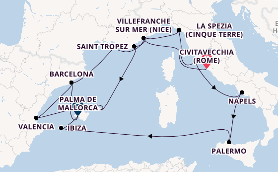 Westelijke Middellandse Zee vanaf Civitavecchia (Rome), Italië met de EXPLORA I