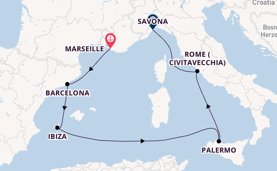 Western Mediterranean from Marseille, France with the Costa Smeralda