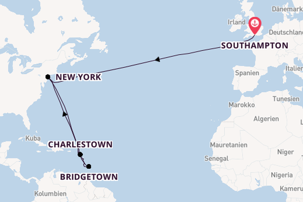 Transatlantik ab Southampton, Großbritannien auf der Queen Mary 2