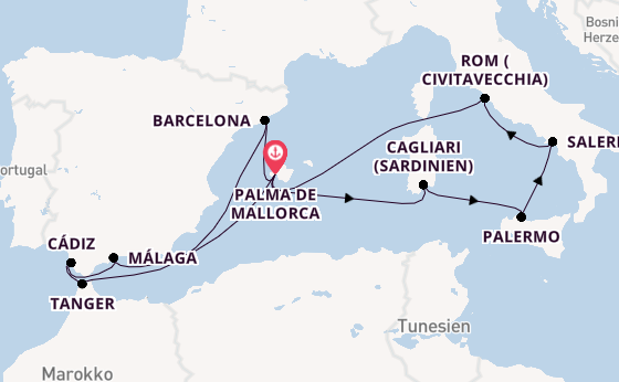 Westliches Mittelmeer ab Palma de Mallorca, Spanien auf der Mein Schiff 7