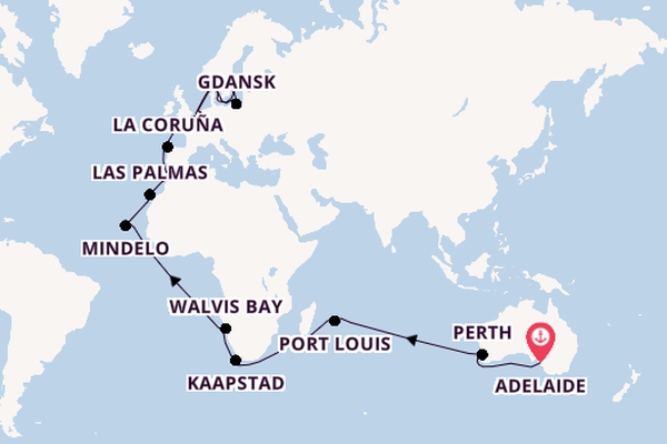 Afrika vanaf Adelaide, Australië met de Crown Princess