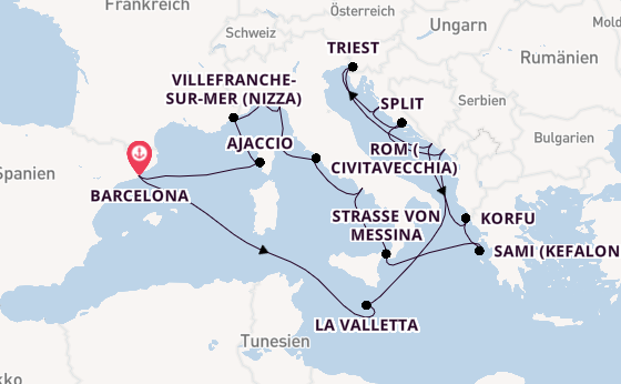 Mittelmeer ab Barcelona, Spanien auf der Queen Elizabeth