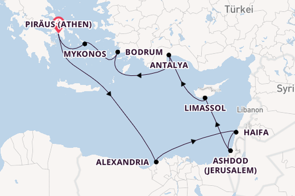 Östliches Mittelmeer ab Piräus (Athen), Griechenland auf der Nieuw Amsterdam