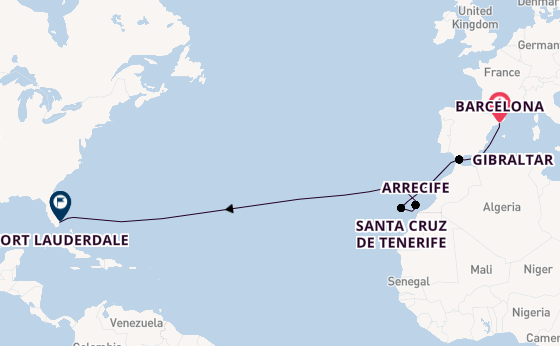 trans-Atlantisch vanaf Barcelona, Spanje met de Sun Princess