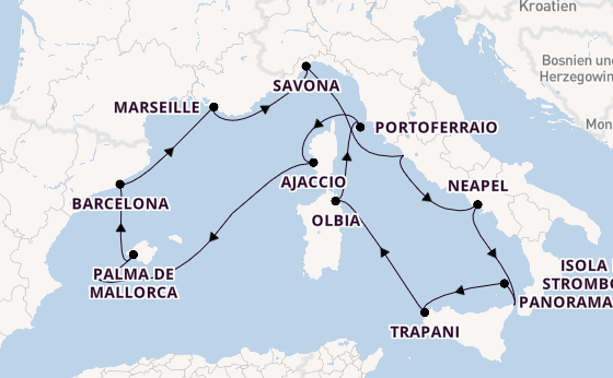 Westliches Mittelmeer ab Civitavecchia (Rom), Italien auf der Costa Favolosa