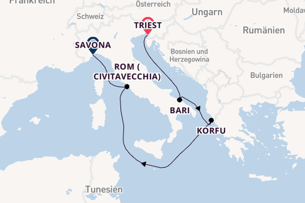 Westliches Mittelmeer ab Triest, Italien auf der Costa Deliziosa