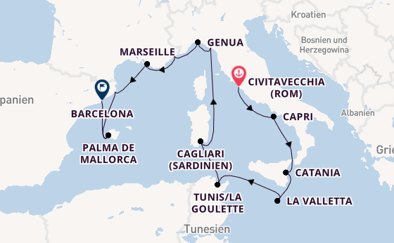 Westliches Mittelmeer ab Civitavecchia (Rom), Italien auf der Vista
