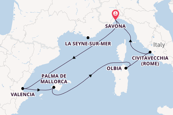 Westelijke Middellandse Zee vanaf Savona, Italië met de Costa Pacifica