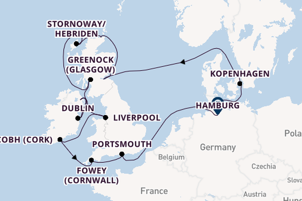Britse Eilanden vanaf Kiel, Duitsland met de VASCO DA GAMA