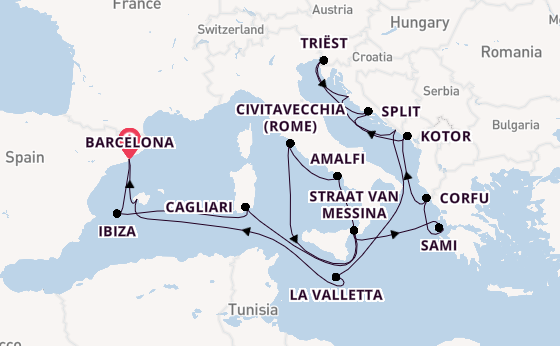 Middellandse Zee vanaf Barcelona, Spanje met de Queen Victoria