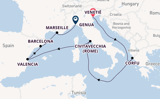 Westelijke Middellandse Zee vanaf Venetië, Italië met de MSC Lirica